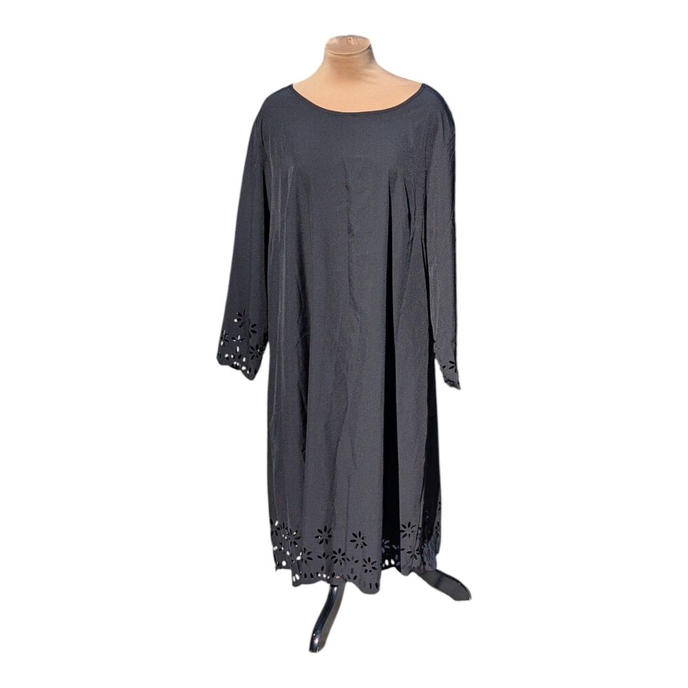 Chic Black Midi Dress Women's Plus Size 2XL Eyelet Cutout Hem Sleeve Casual